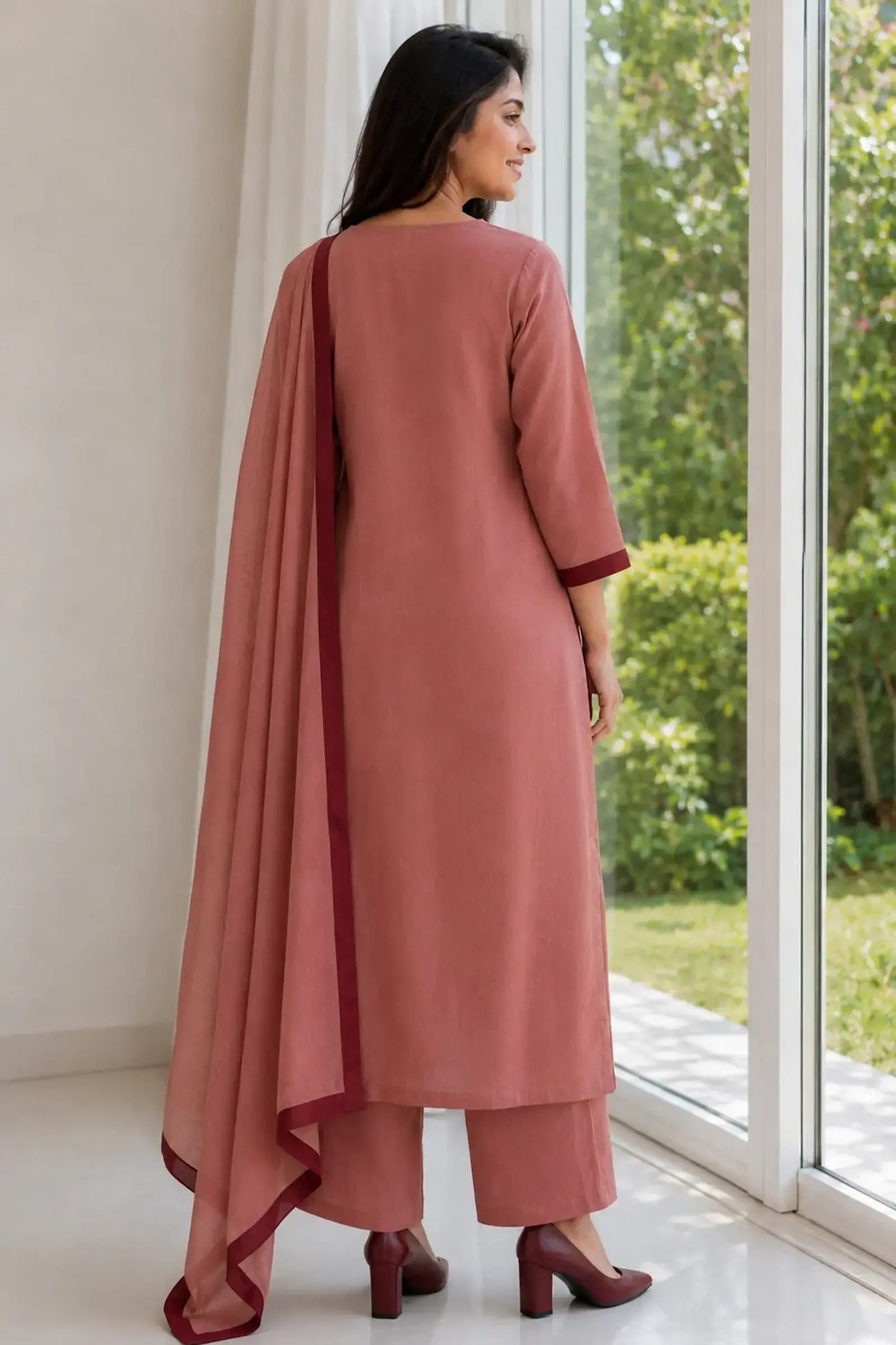 Saba Dusty Rose Pink Hand Embroidered Cotton Suit