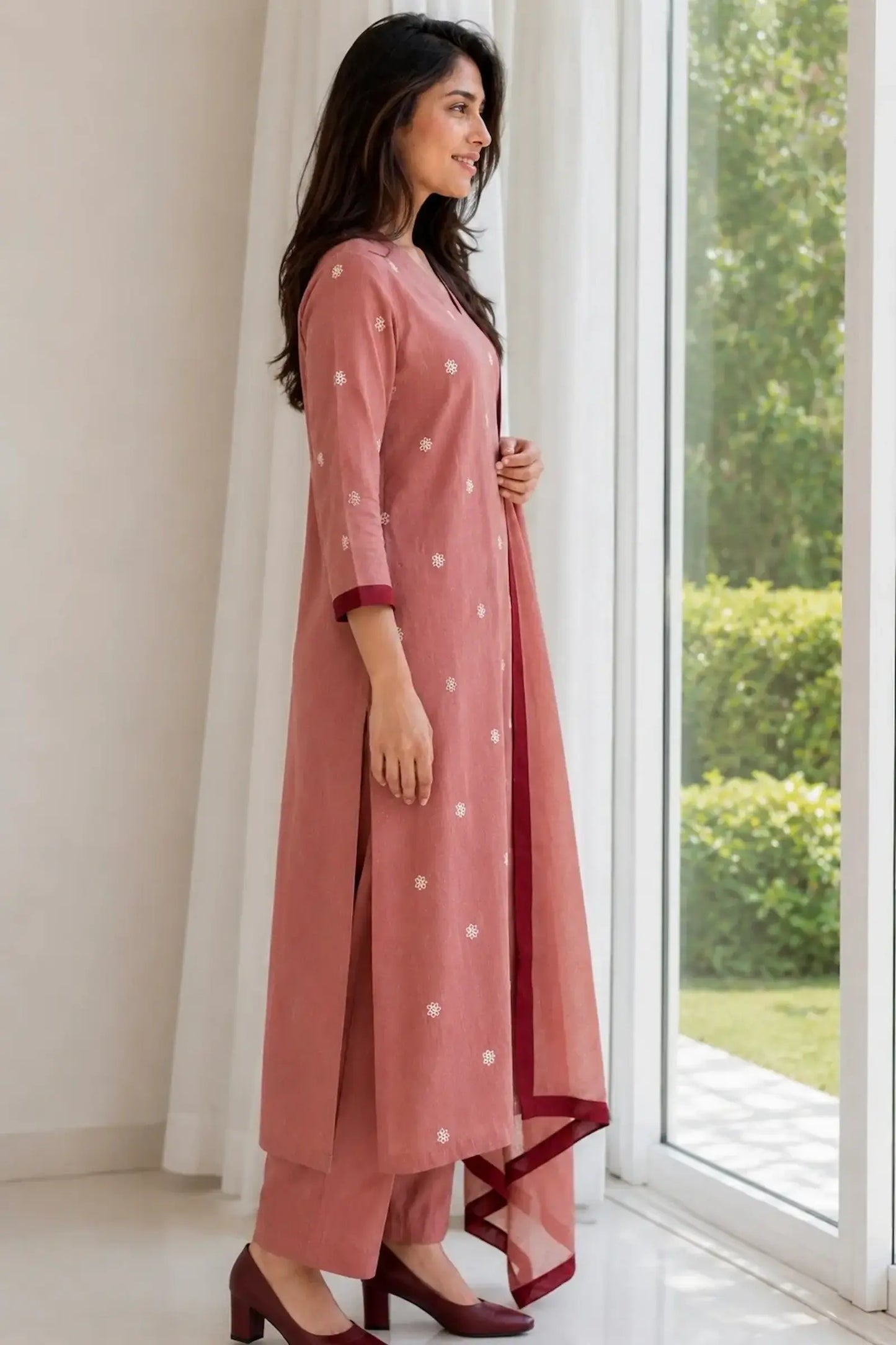 Saba Dusty Rose Pink Hand Embroidered Cotton Suit