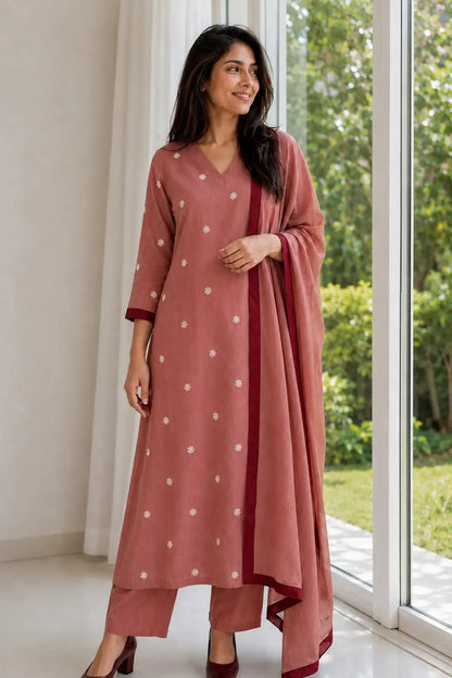 Saba Dusty Rose Pink Hand Embroidered Cotton Suit