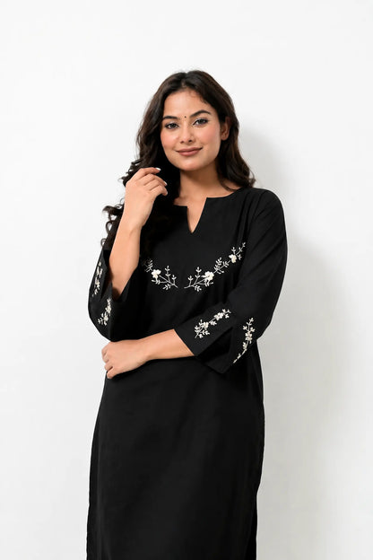 Sasha Hand Embroidered Black Cotton Kurta Set