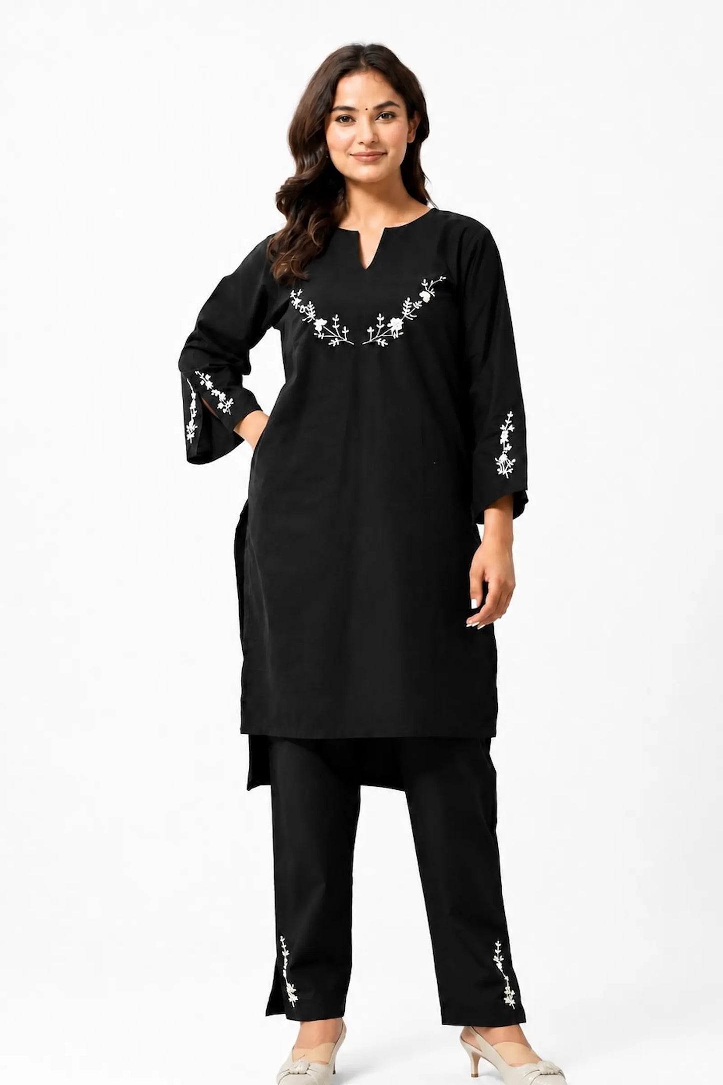Sasha Hand Embroidered Black Cotton Kurta Set