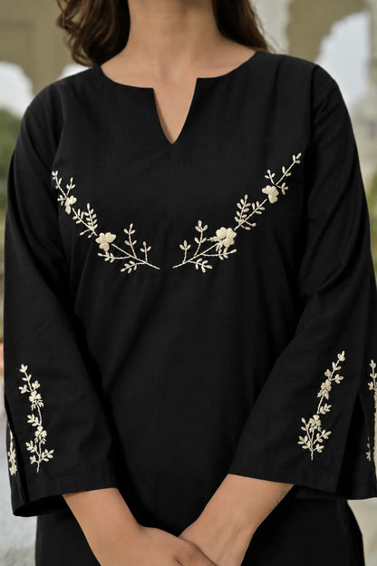 Sasha Hand Embroidered Black Cotton Kurta Set