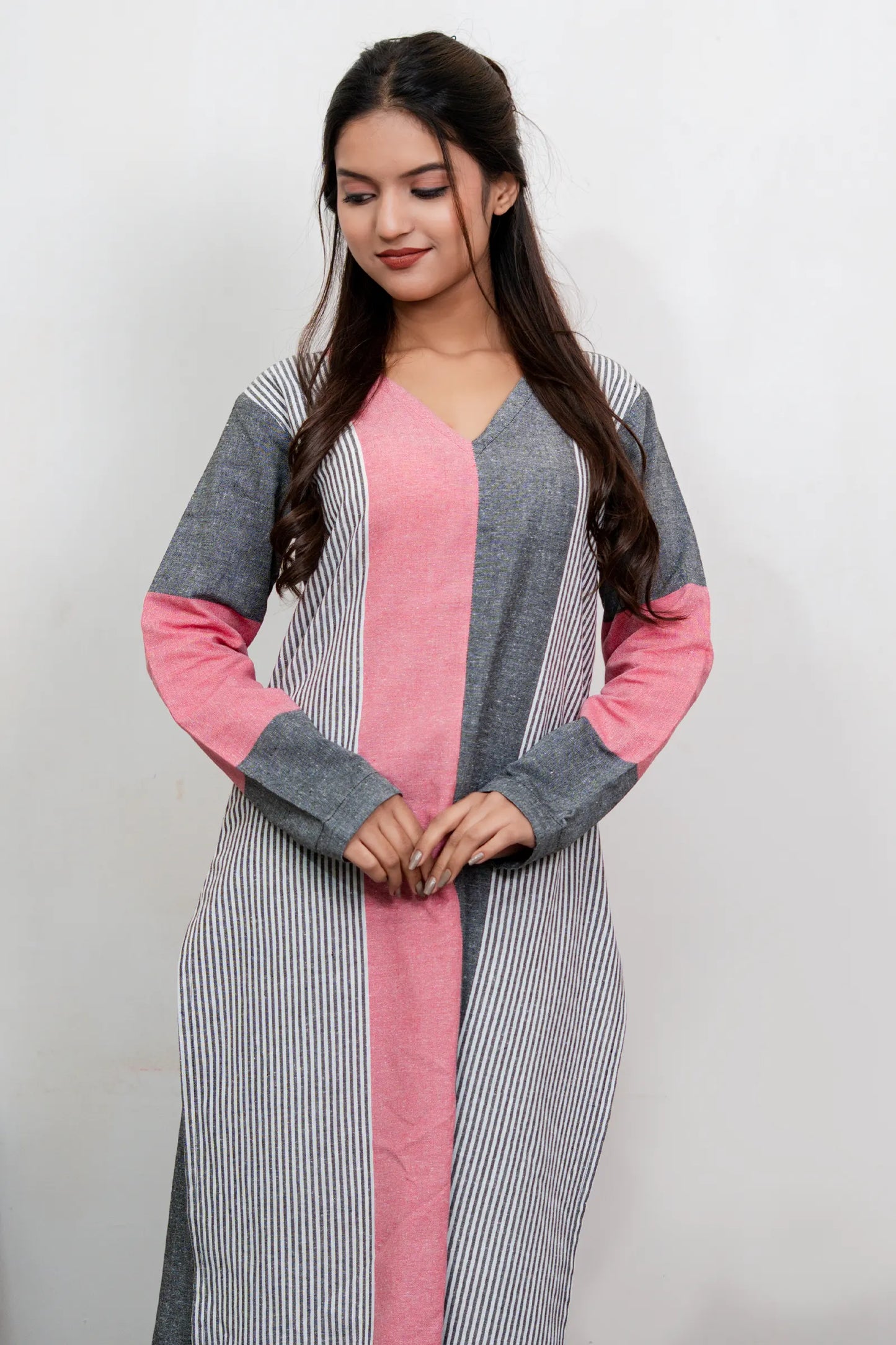 Aafia Pink And Grey Handwoven Easy Fit Straight Kurta Set