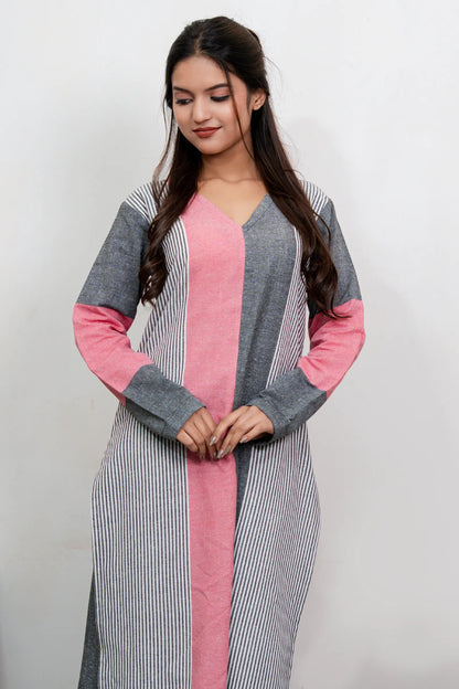 Aafia Pink And Grey Handwoven Easy Fit Straight Kurta Set