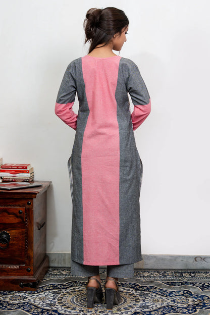 Aafia Pink And Grey Handwoven Easy Fit Straight Kurta Set