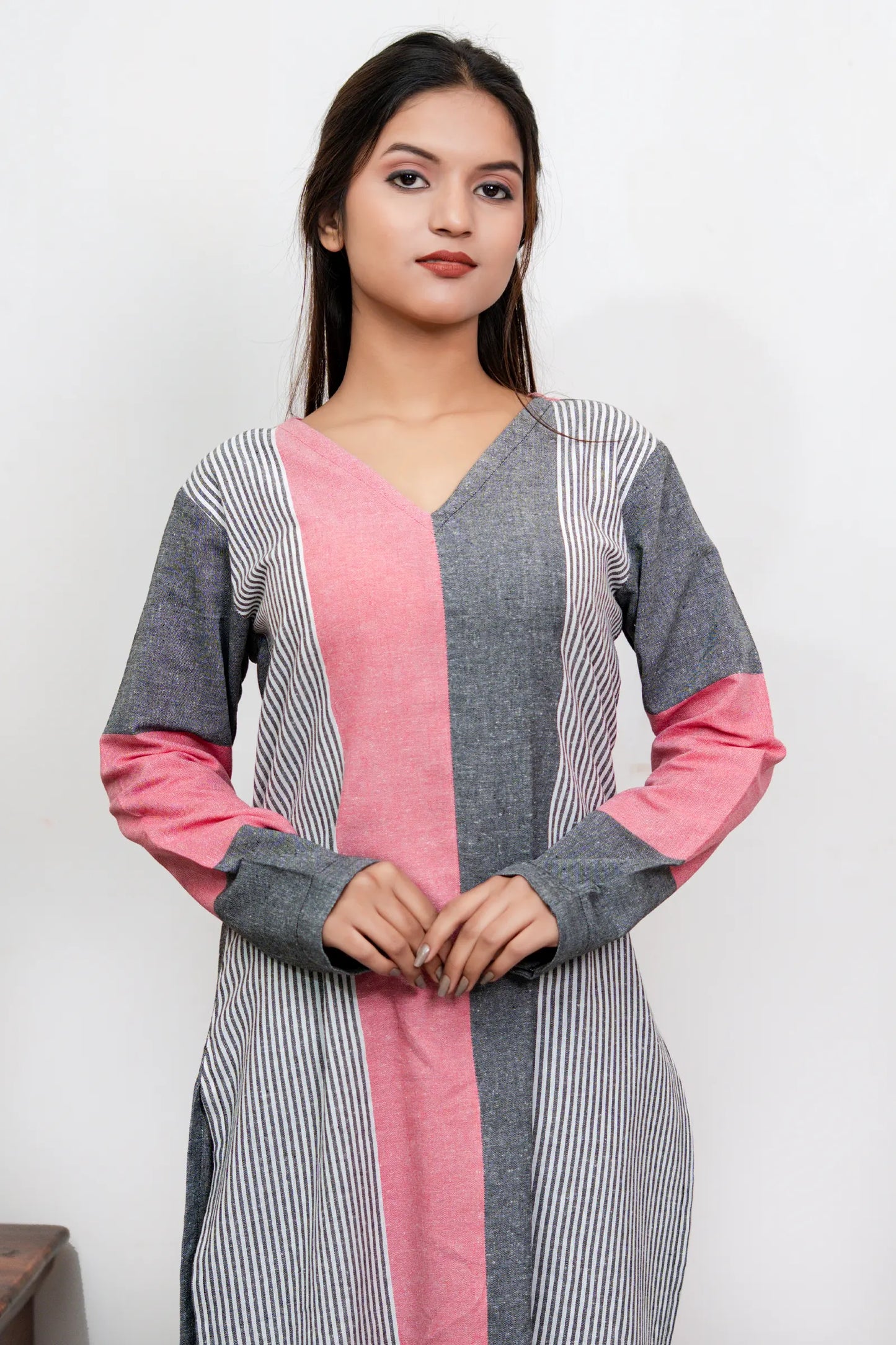 Aafia Pink And Grey Handwoven Easy Fit Straight Kurta Set