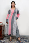 Aafia Pink And Grey Handwoven Easy Fit Straight Kurta Set