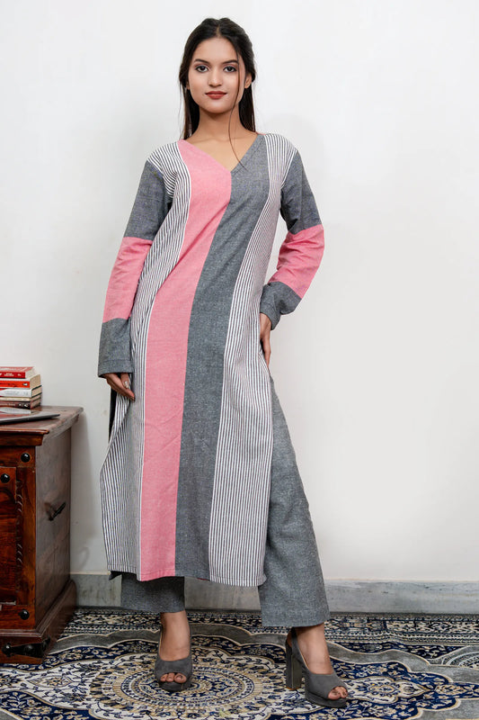 Aafia Pink And Grey Handwoven Easy Fit Straight Kurta Set