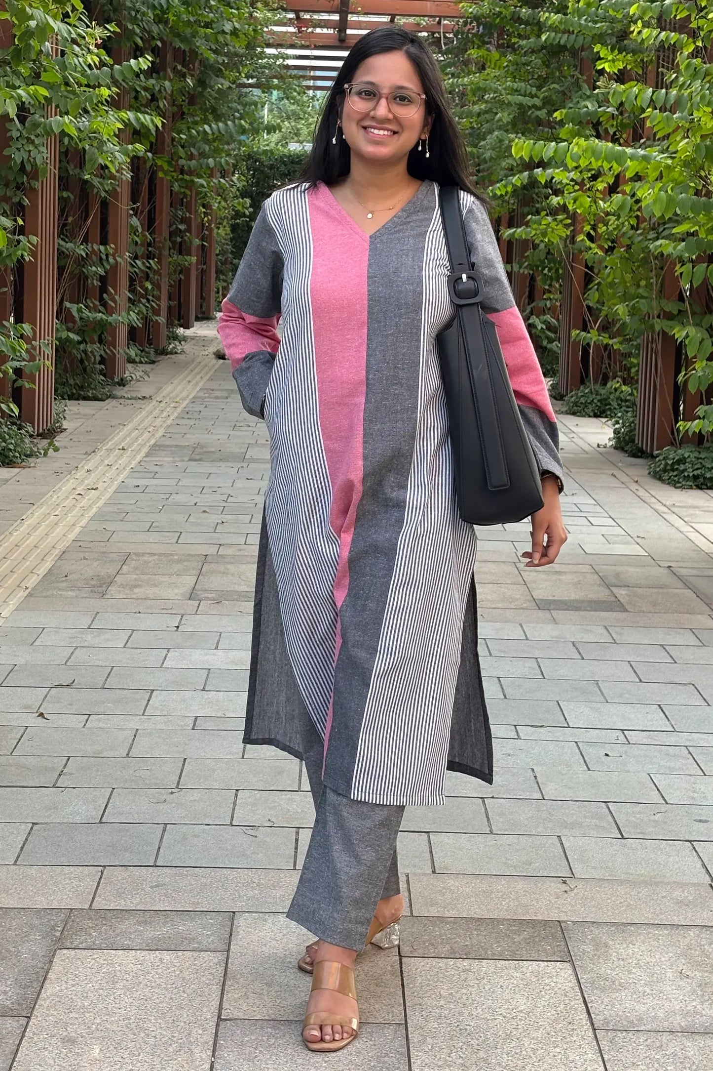 Aafia Pink And Grey Handwoven Easy Fit Straight Kurta Set