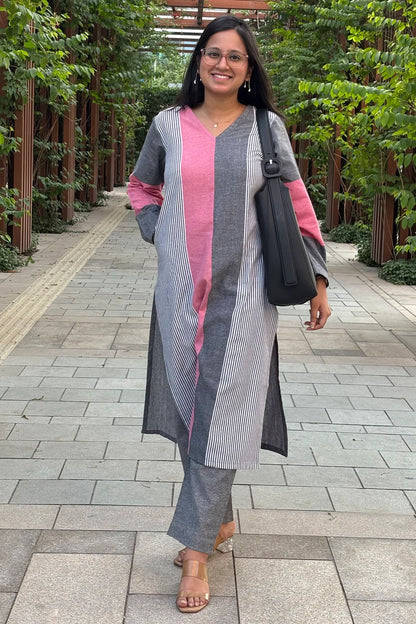 Aafia Pink And Grey Handwoven Easy Fit Straight Kurta Set