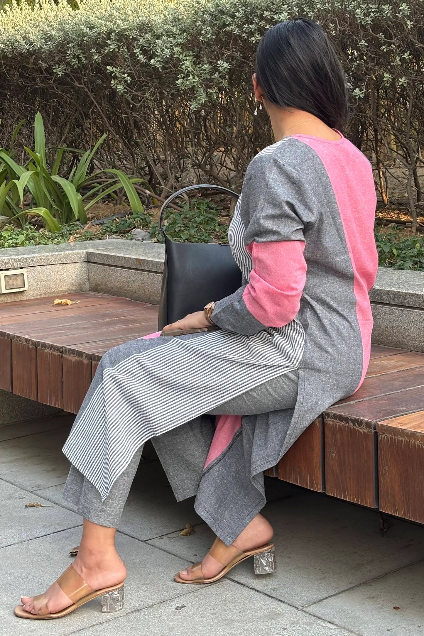 Aafia Pink And Grey Handwoven Easy Fit Straight Kurta Set