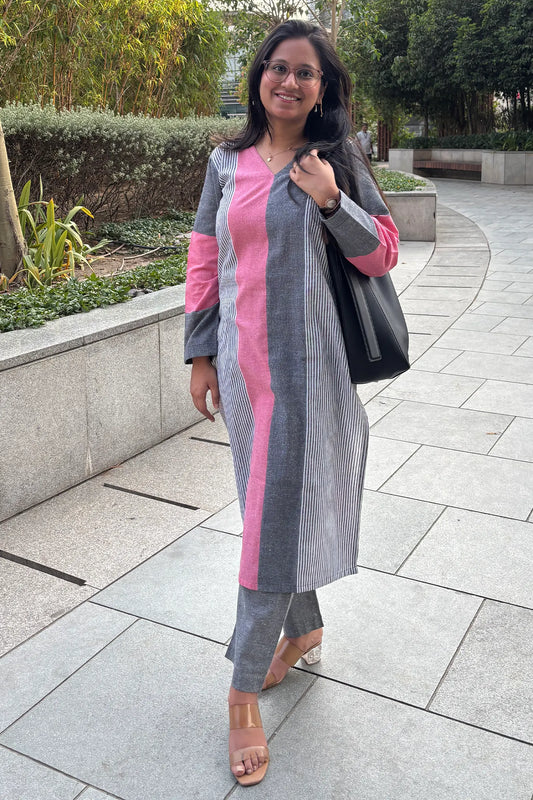 Aafia Pink And Grey Handwoven Easy Fit Straight Kurta Set