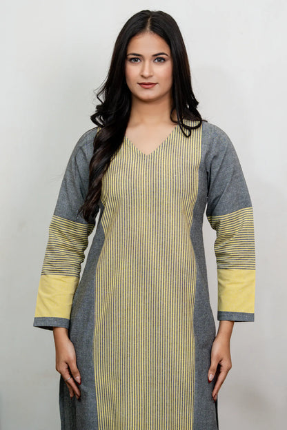 Aafia Yellow And Grey Handwoven Easy Fit Straight Kurta Set