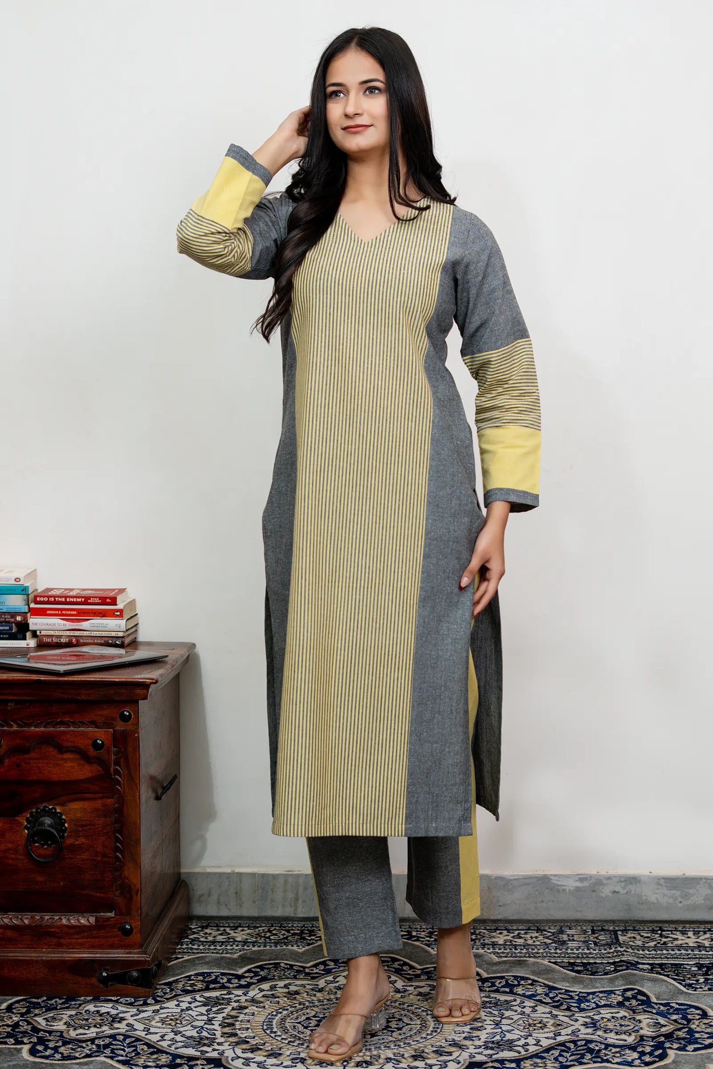 Aafia Yellow And Grey Handwoven Easy Fit Straight Kurta Set