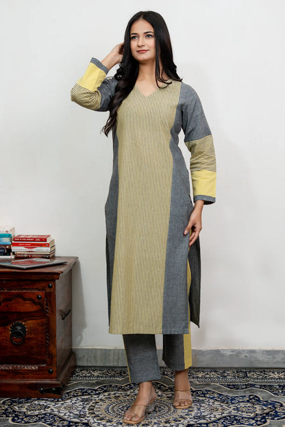 Aafia Yellow And Grey Handwoven Easy Fit Straight Kurta Set