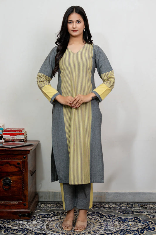 Aafia Yellow And Grey Handwoven Easy Fit Straight Kurta Set