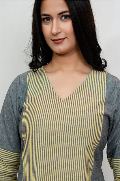 Aafia Yellow And Grey Handwoven Easy Fit Straight Kurta Set