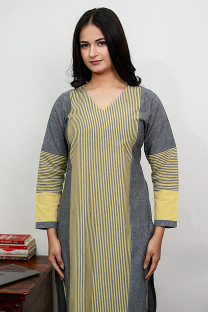 Aafia Yellow And Grey Handwoven Easy Fit Straight Kurta Set