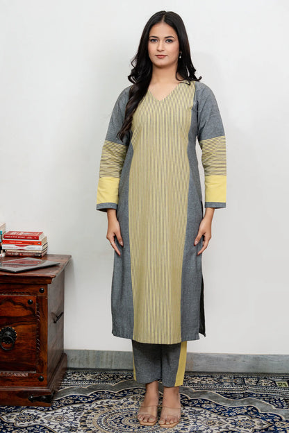 Aafia Yellow And Grey Handwoven Easy Fit Straight Kurta Set