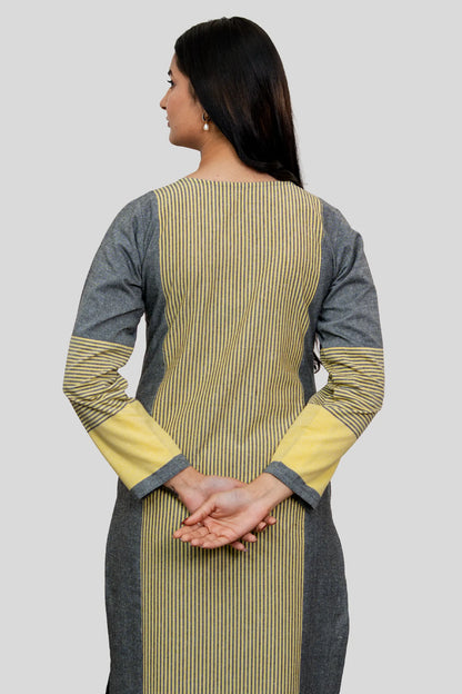 Aafia Yellow And Grey Handwoven Easy Fit Straight Kurta Set