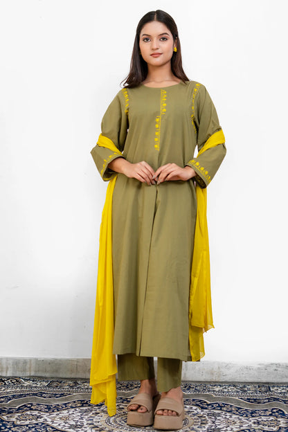 AVYRA Olive with Yellow Hand Embroidery Box Pleat Style Suit