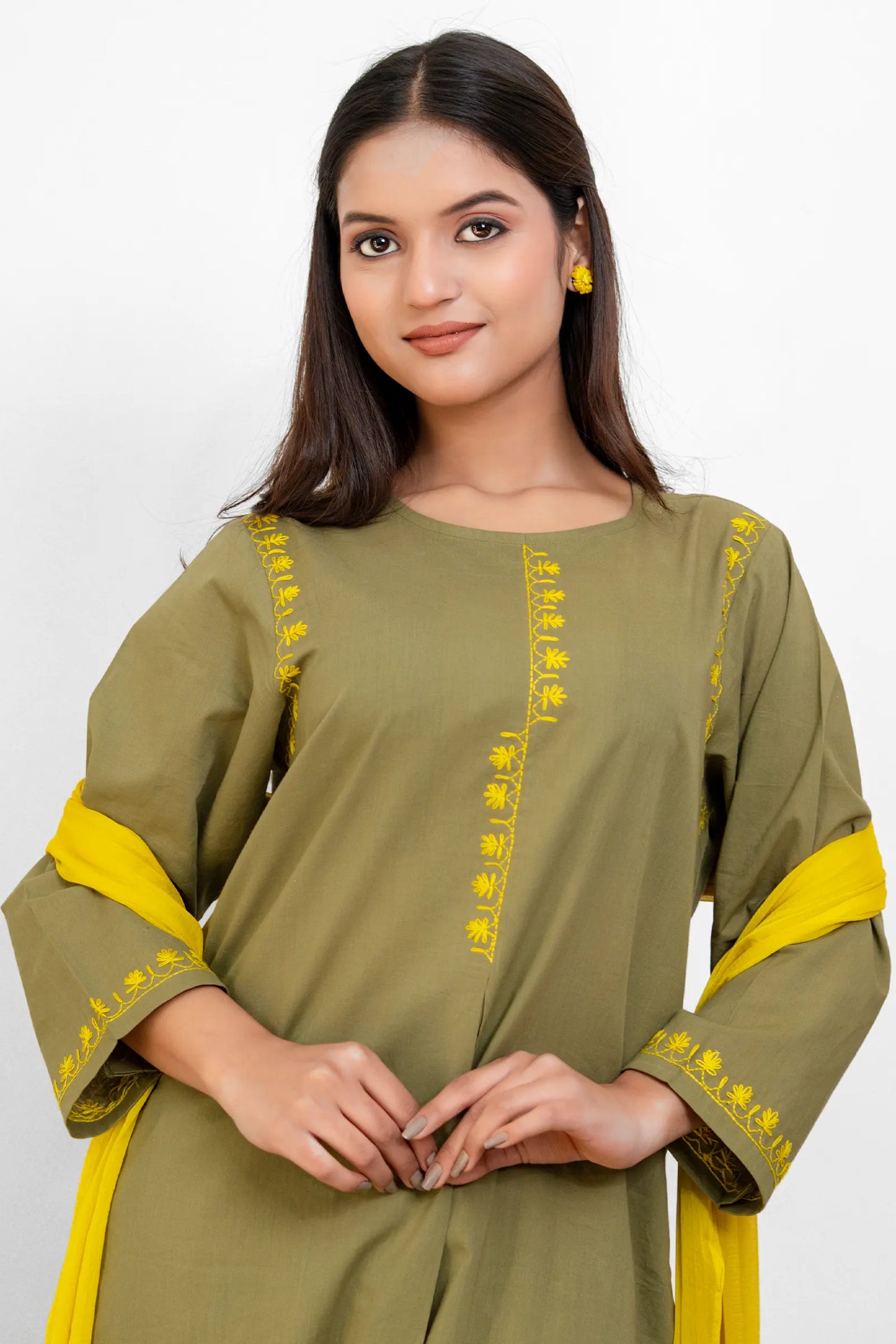 AVYRA Olive with Yellow Hand Embroidery Box Pleat Style Suit