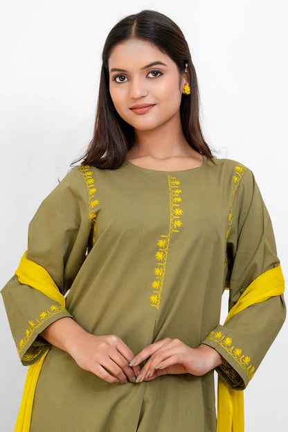 AVYRA Olive with Yellow Hand Embroidery Box Pleat Style Suit