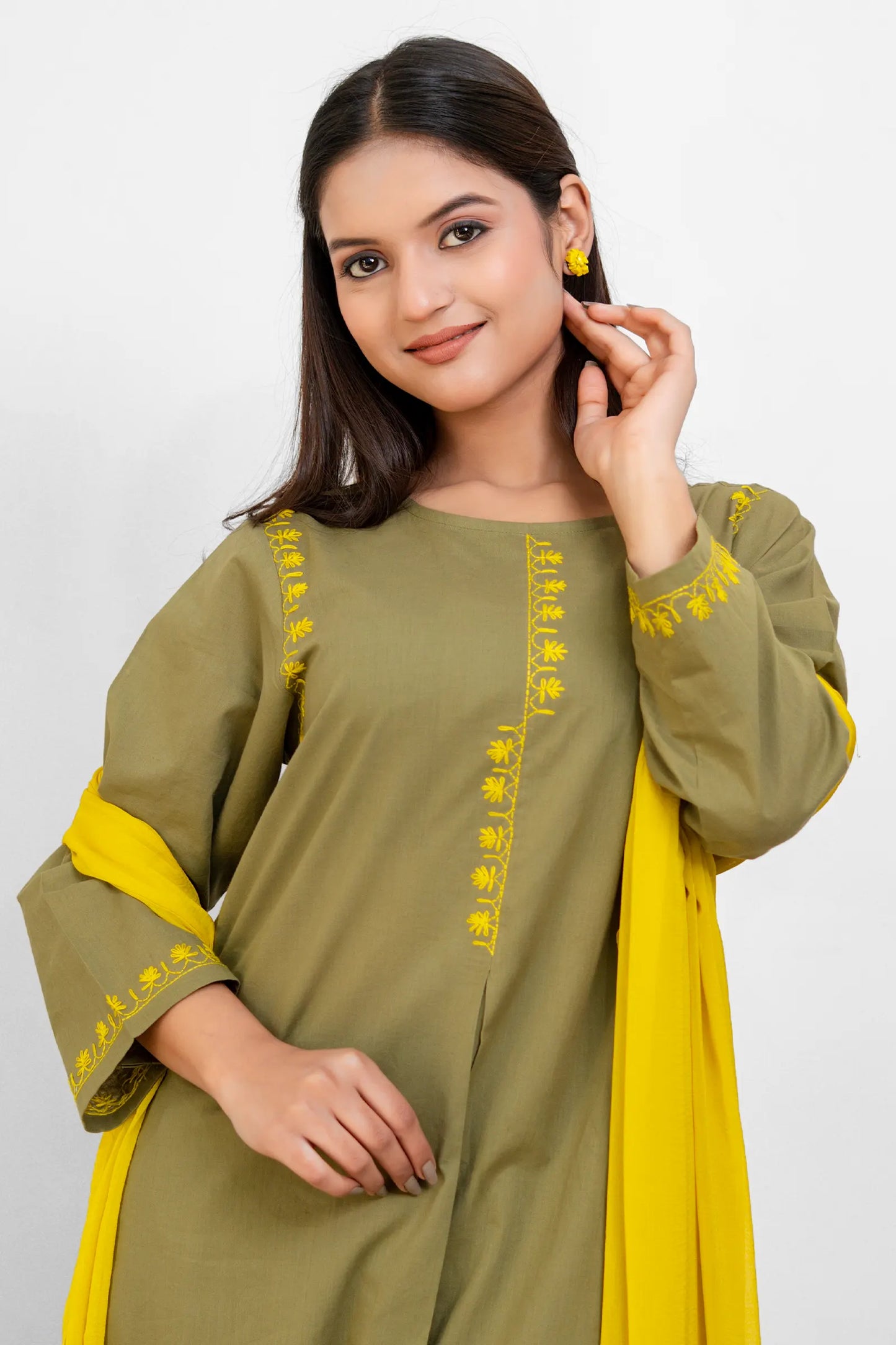 AVYRA Olive with Yellow Hand Embroidery Box Pleat Style Suit