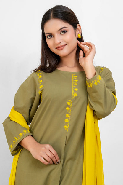 AVYRA Olive with Yellow Hand Embroidery Box Pleat Style Suit