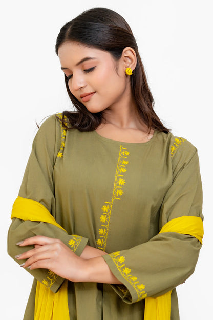 AVYRA Olive with Yellow Hand Embroidery Box Pleat Style Suit