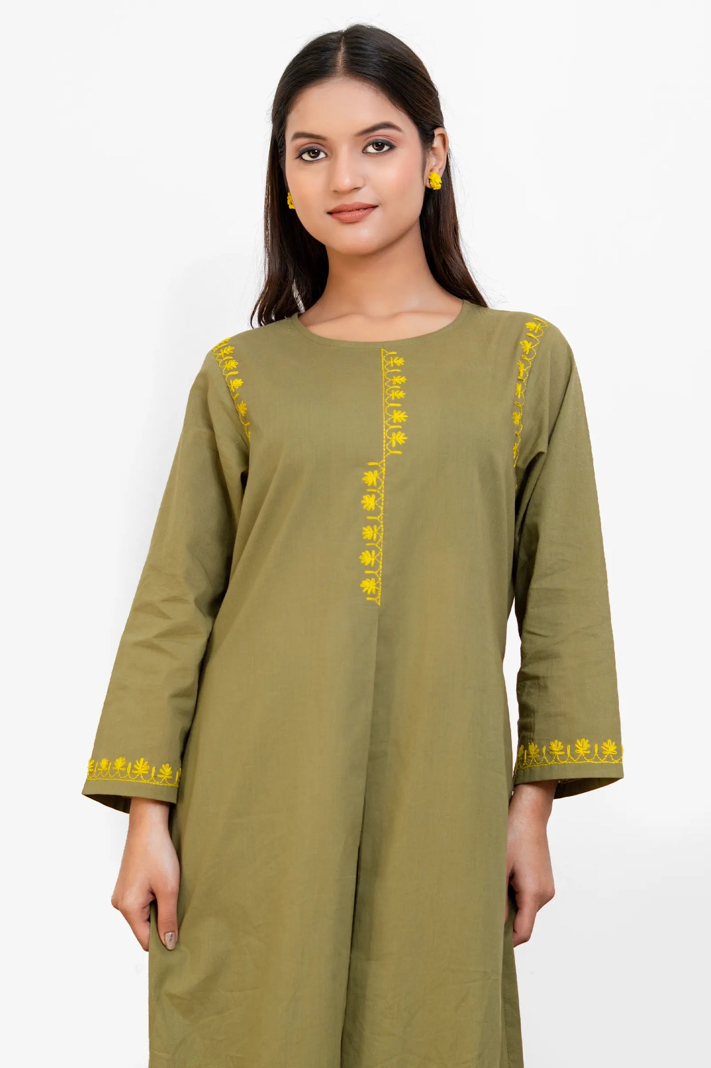 AVYRA Olive with Yellow Hand Embroidery Box Pleat Style Suit
