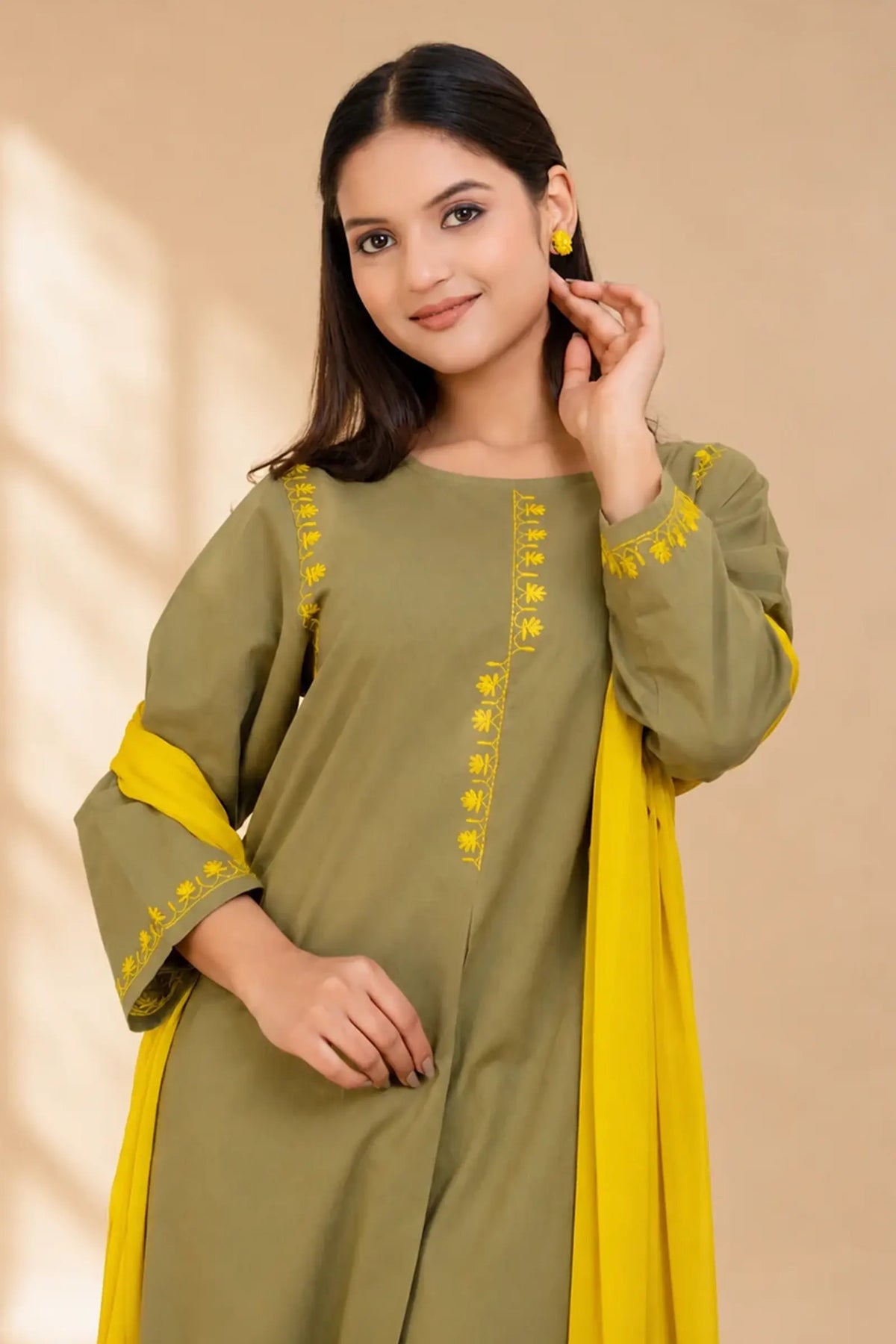 AVYRA Olive with Yellow Hand Embroidery Box Pleat Style Suit