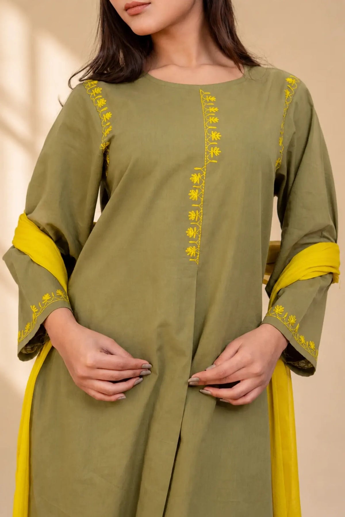 AVYRA Olive with Yellow Hand Embroidery Box Pleat Style Suit