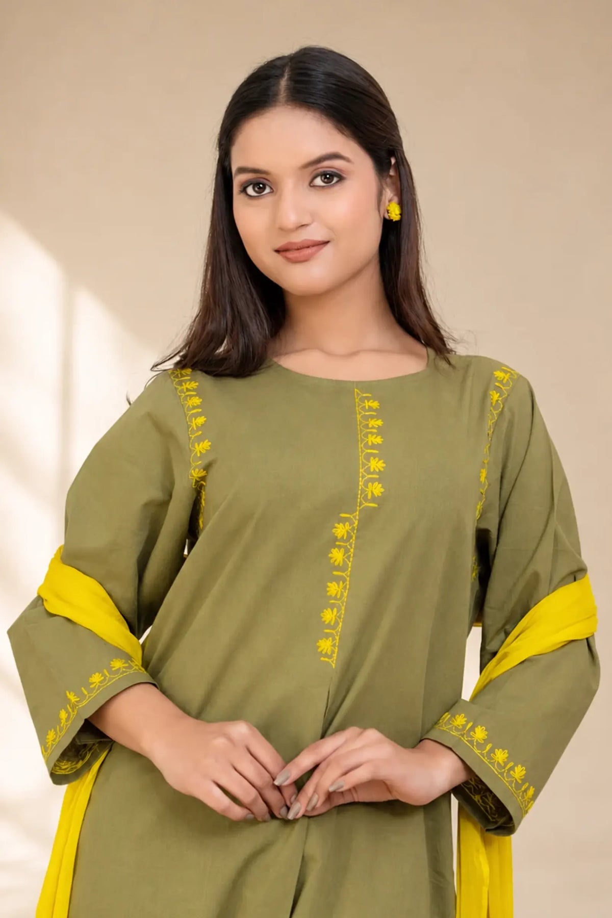 AVYRA Olive with Yellow Hand Embroidery Box Pleat Style Suit