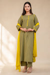 AVYRA Olive with Yellow Hand Embroidery Box Pleat Style Suit