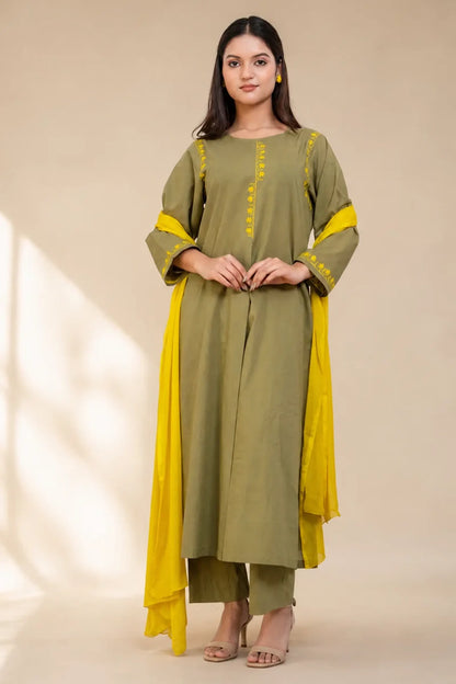 AVYRA Olive with Yellow Hand Embroidery Box Pleat Style Suit