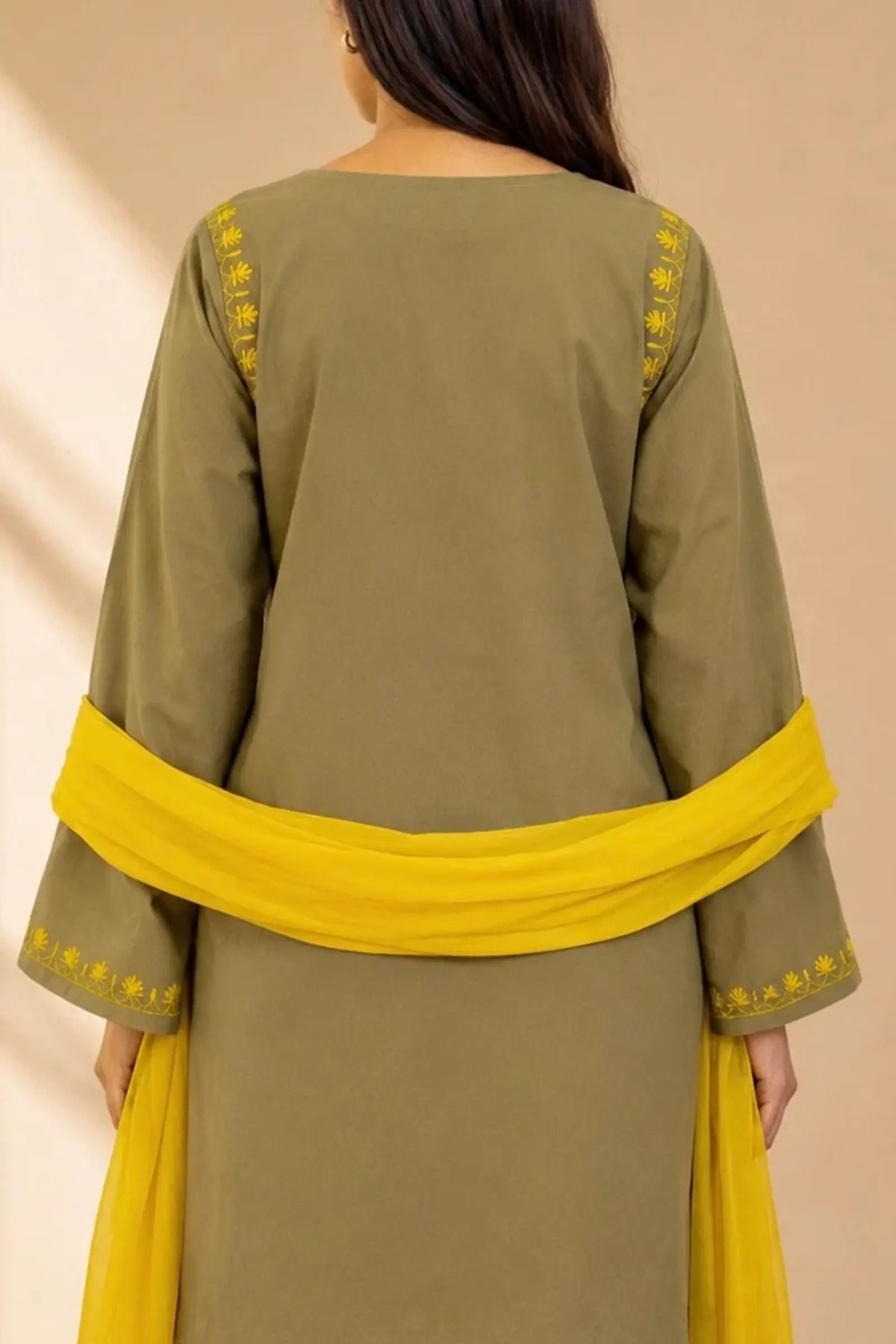 AVYRA Olive with Yellow Hand Embroidery Box Pleat Style Suit