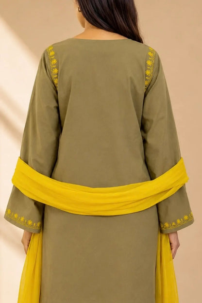 AVYRA Olive with Yellow Hand Embroidery Box Pleat Style Suit
