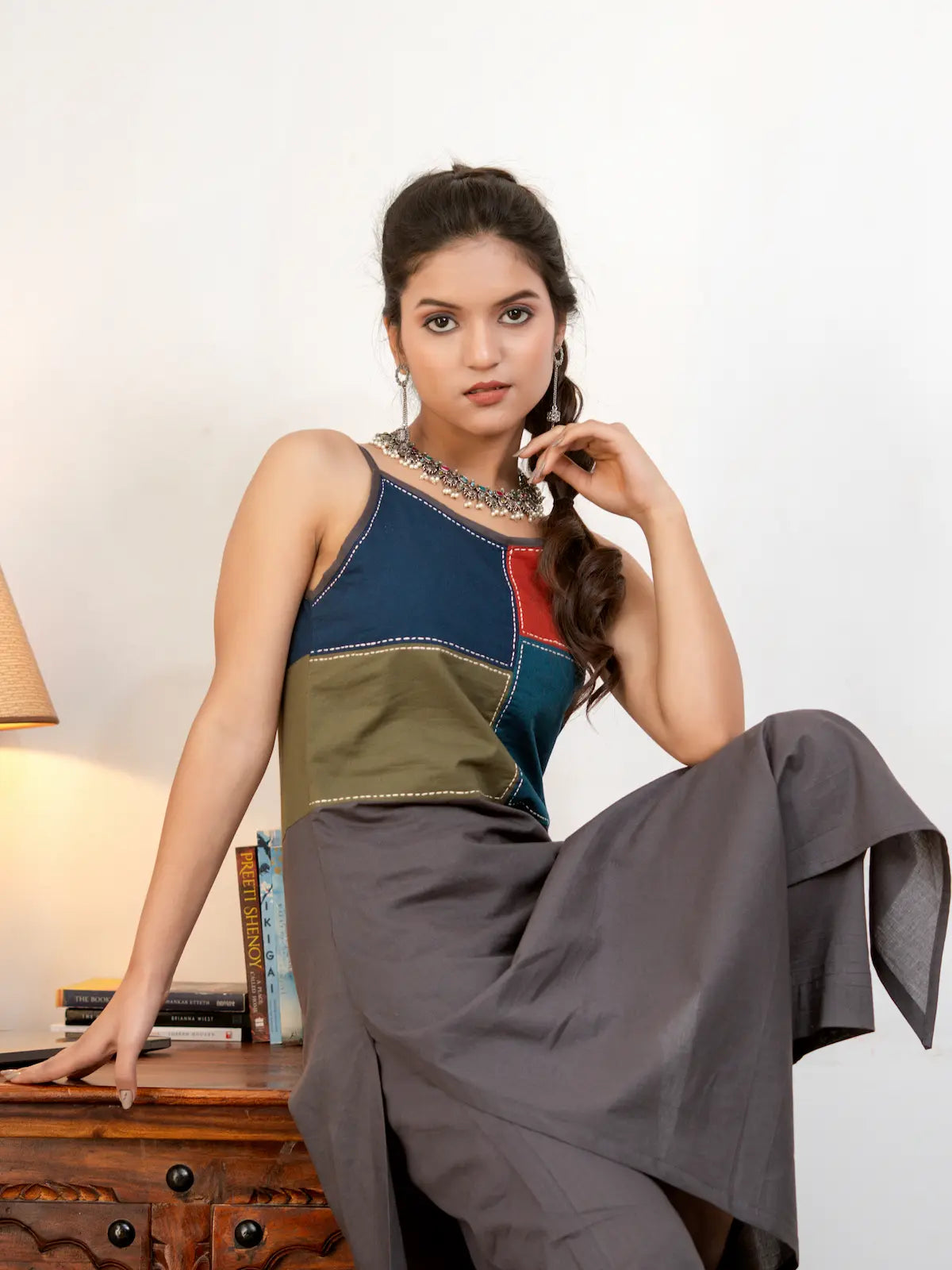 Ira Steel Grey C-Cut Hand Embroidered Color-Block Cotton Kurta Set