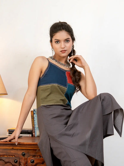Ira Steel Grey C-Cut Hand Embroidered Color-Block Cotton Kurta Set