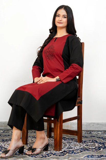 Dona Black Maroon Hand Embroidered Cotton Kurta Set