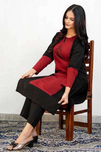Dona Black Maroon Hand Embroidered Cotton Kurta Set