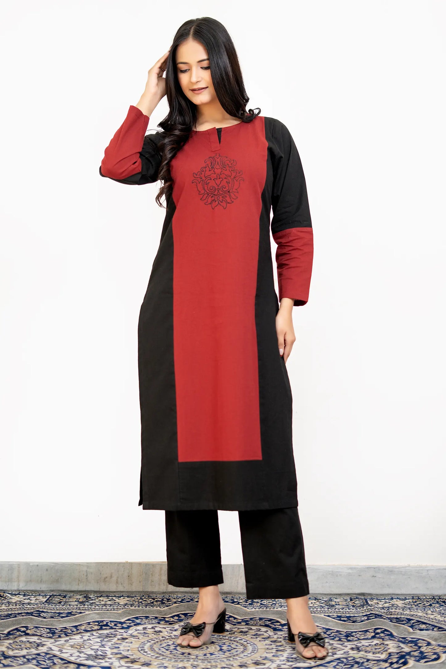 Dona Black Maroon Hand Embroidered Cotton Kurta Set