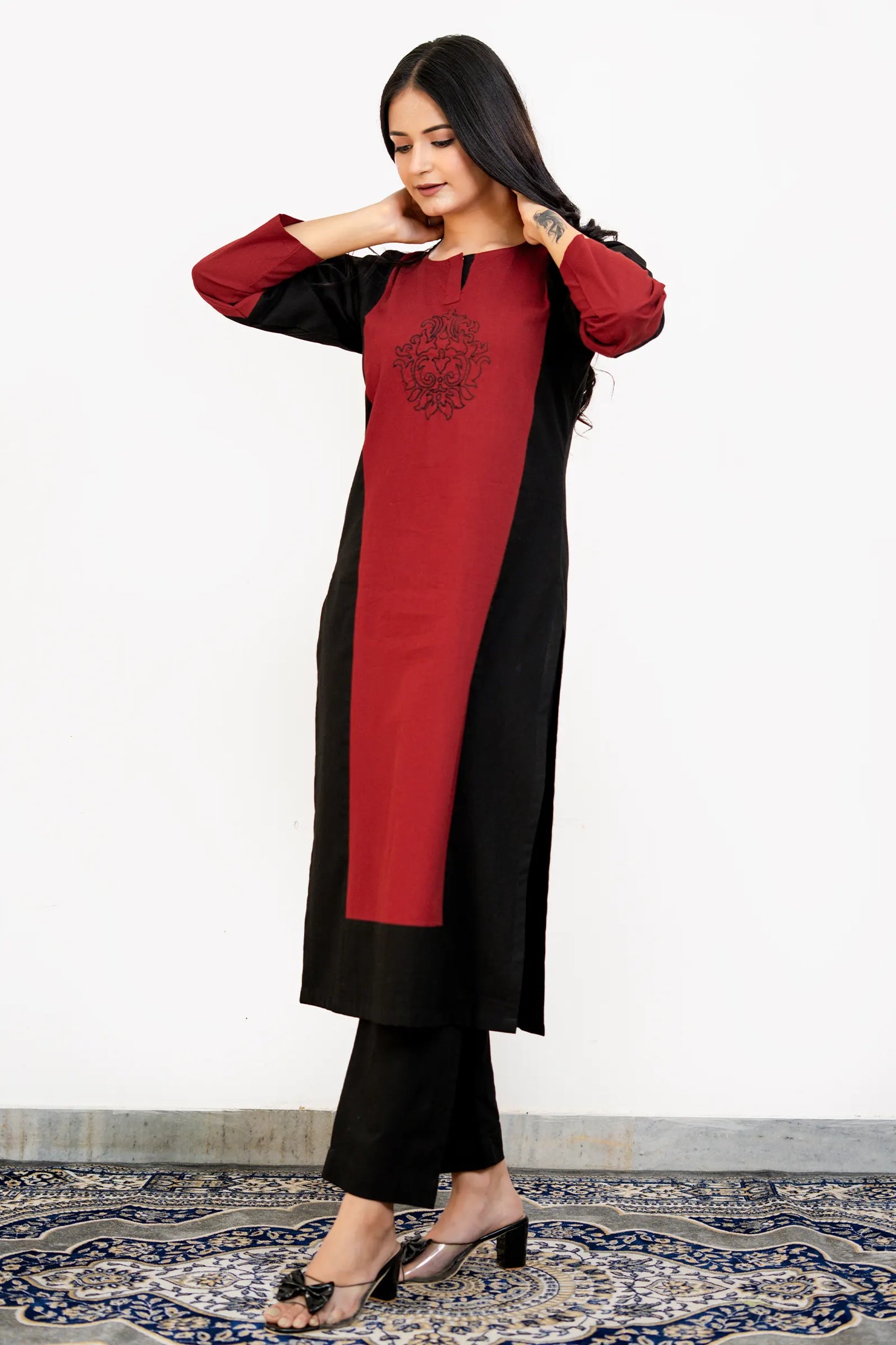 Dona Black Maroon Hand Embroidered Cotton Kurta Set