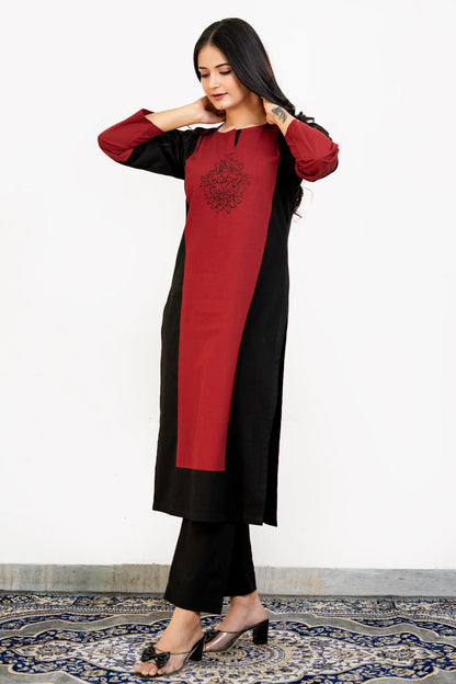 Dona Black Maroon Hand Embroidered Cotton Kurta Set