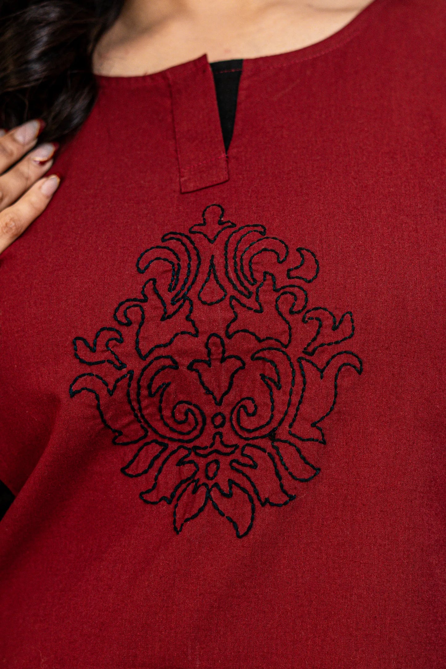 Dona Black Maroon Hand Embroidered Cotton Kurta Set