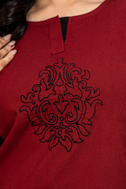 Dona Black Maroon Hand Embroidered Cotton Kurta Set