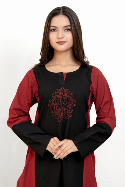 Dona Maroon Black Hand Embroidered Cotton Kurta Set