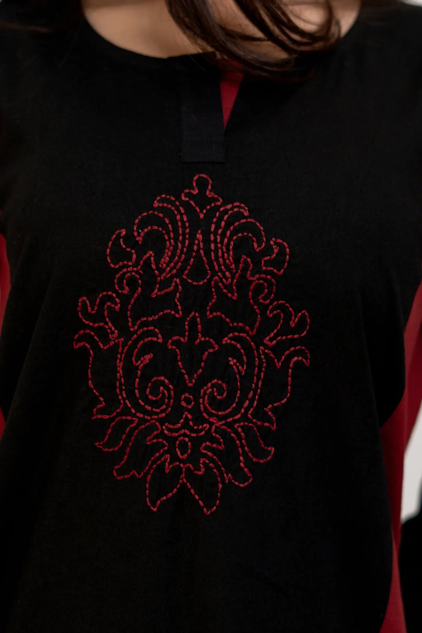 Dona Maroon Black Hand Embroidered Cotton Kurta Set