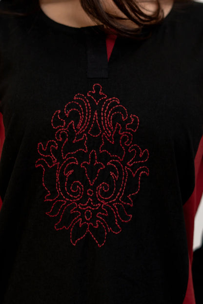 Dona Maroon Black Hand Embroidered Cotton Kurta Set